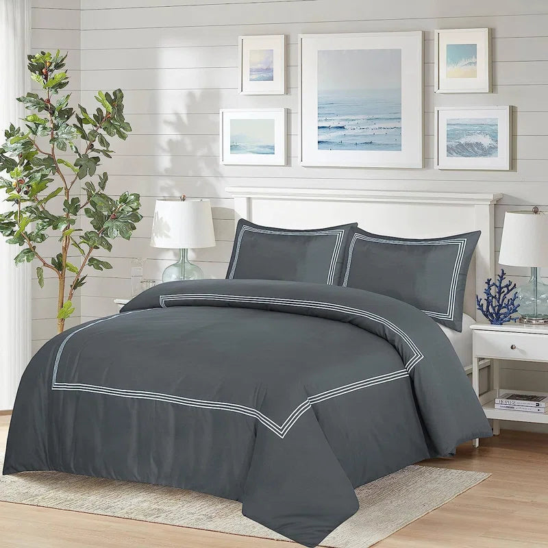 Microfiber 3 Piece Luxury Bratta Stitch Duvet Cover Sets With Pillowcase