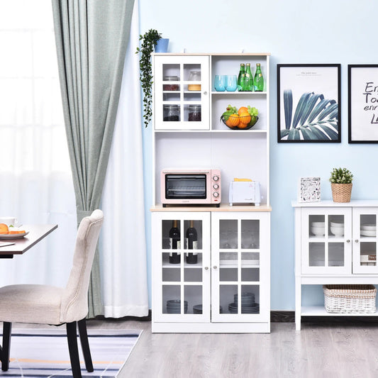Aleksandras Kitchen Cabinet Sideboard Storage Cabinet Unit With Countertop Grid Glass Door Shelves
