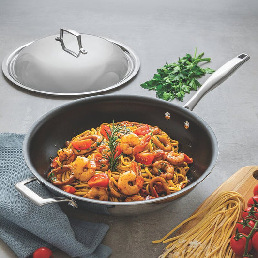 Tramontina Grano 3-PLY 32cm Non-Stick Stainless Steel Wok with Lid